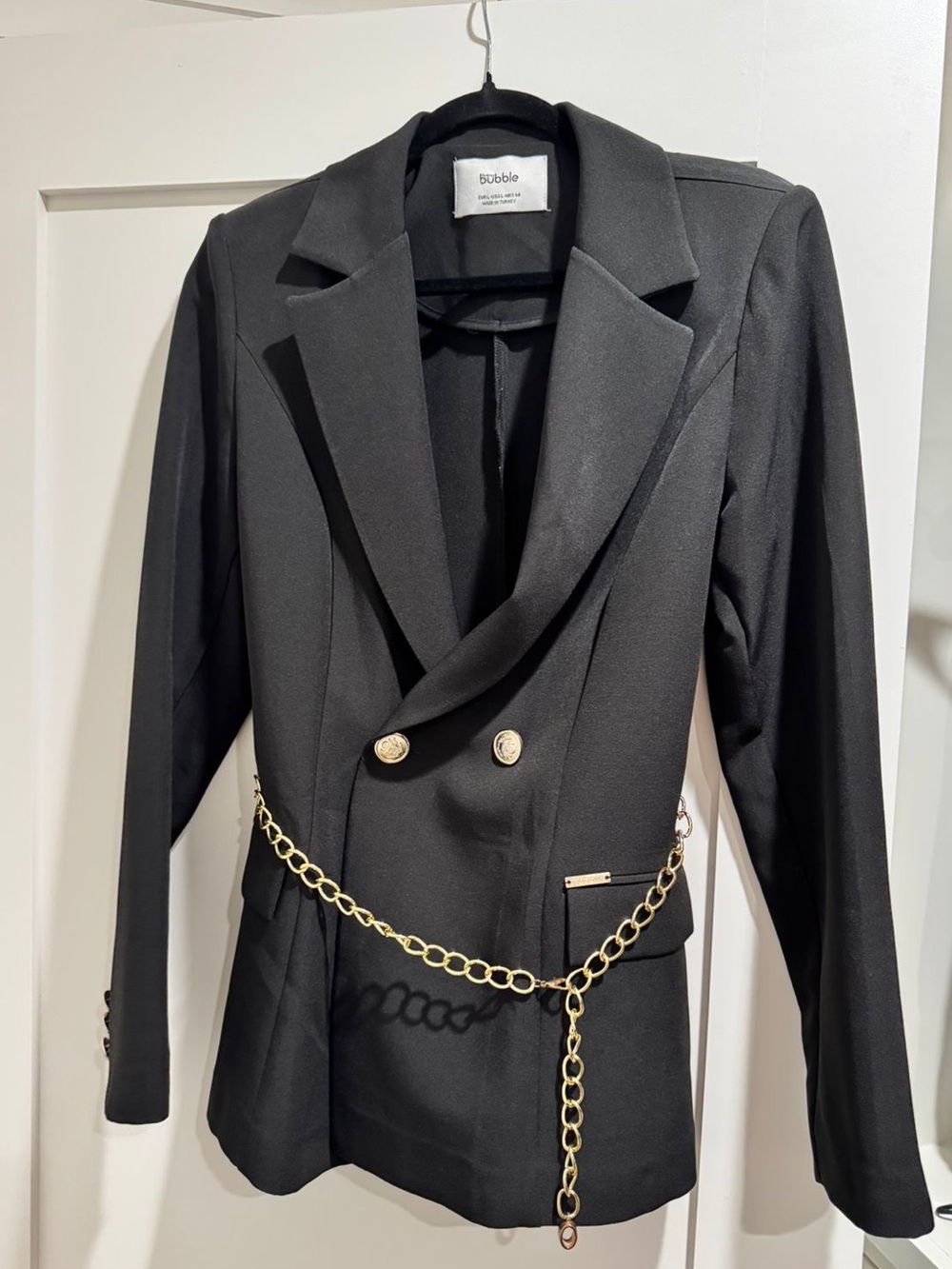 Black Double-Breasted Blazer with Gold Chain